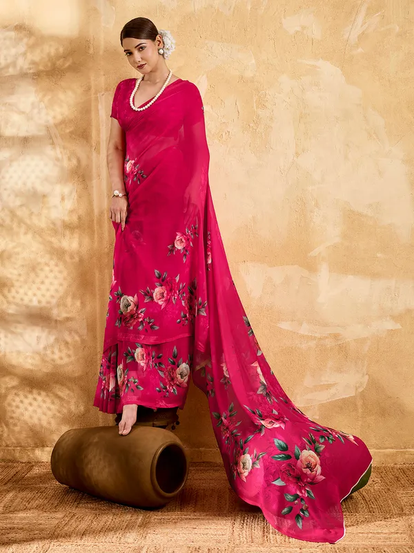 Rani_Pink_Georgette_Saree_With_Floral_Printed_Border_Default_Title