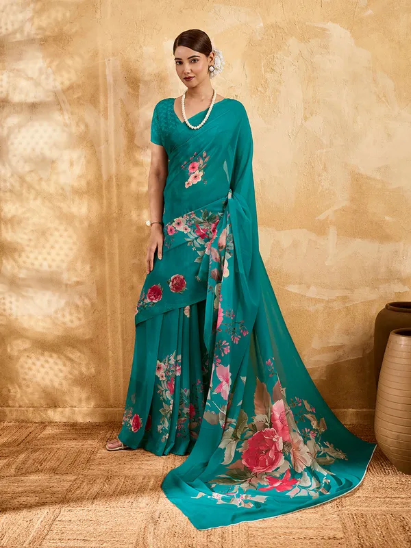 Teal_Green_Georgette_Saree_With_Pink_Floral_Printed_Border_Default_Title