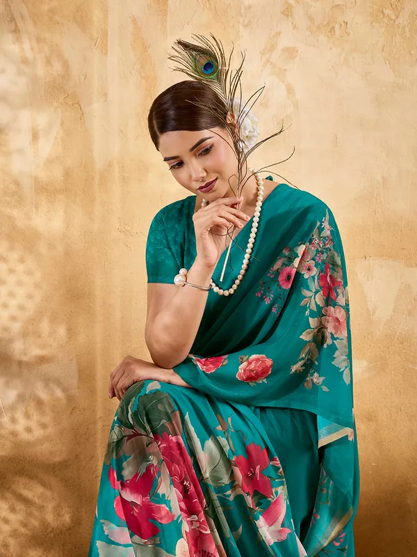 Teal_Green_Georgette_Saree_With_Pink_Floral_Printed_Border_Default_Title