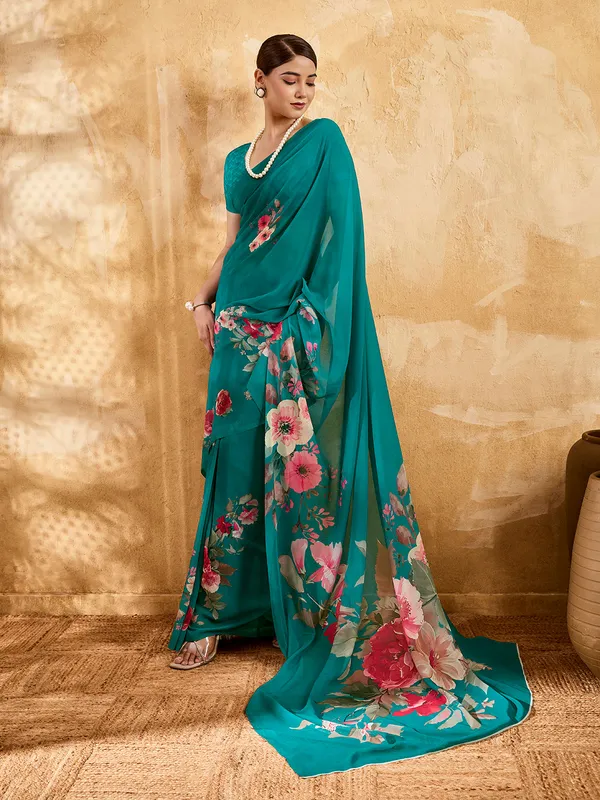 Teal_Green_Georgette_Saree_With_Pink_Floral_Printed_Border_Default_Title