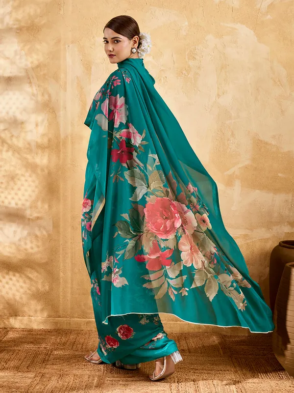 Teal_Green_Georgette_Saree_With_Pink_Floral_Printed_Border_Default_Title