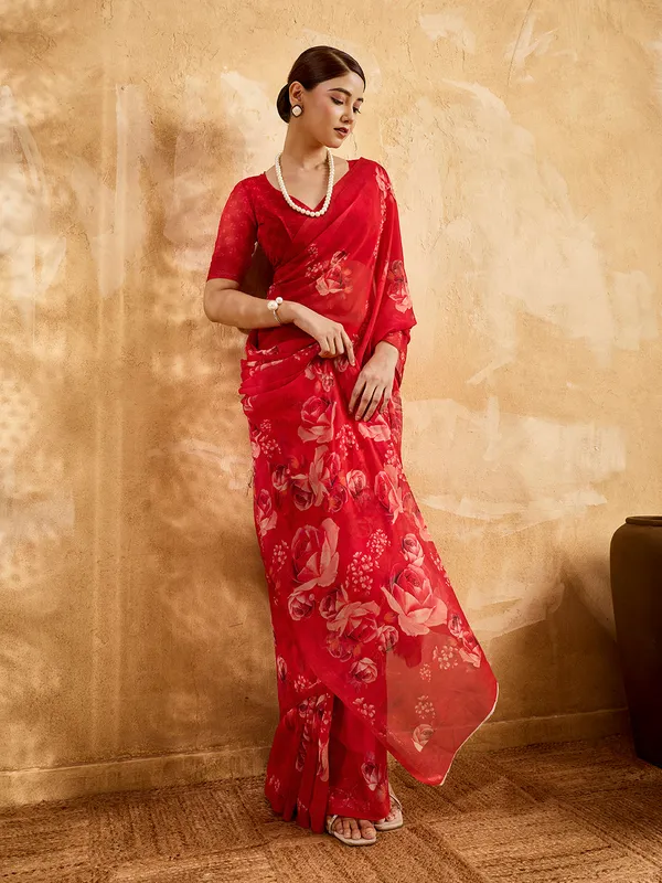 Crimson_Red_Georgette_Saree_With_Rose_Floral_Printed_Border_Default_Title