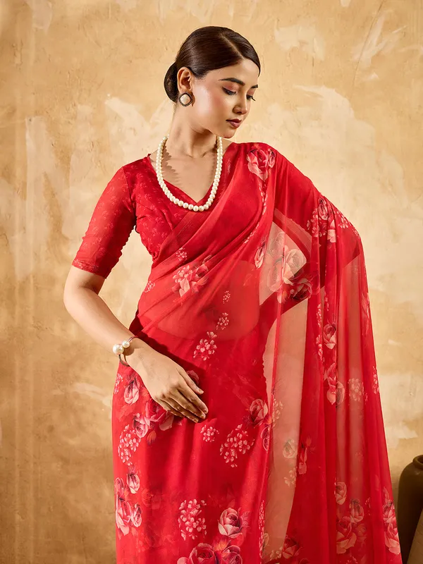 Crimson_Red_Georgette_Saree_With_Rose_Floral_Printed_Border_Default_Title