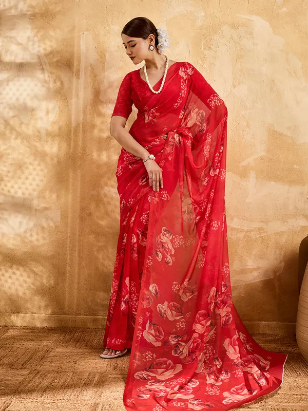Crimson_Red_Georgette_Saree_With_Rose_Floral_Printed_Border_Default_Title