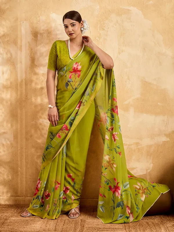 Olive_Green_Georgette_Saree_With_Floral_Printed_Border_Default_Title