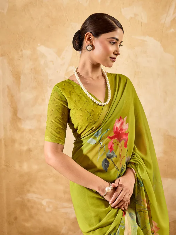 Olive_Green_Georgette_Saree_With_Floral_Printed_Border_Default_Title