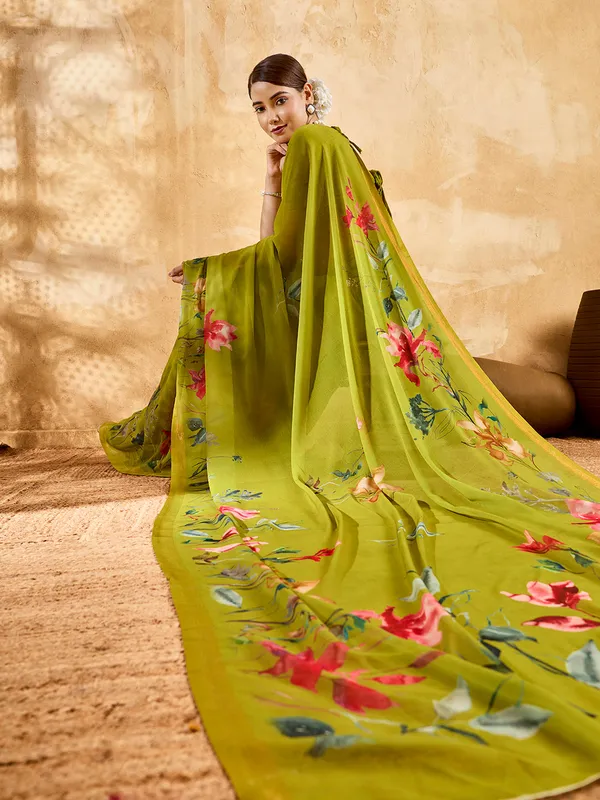 Olive_Green_Georgette_Saree_With_Floral_Printed_Border_Default_Title
