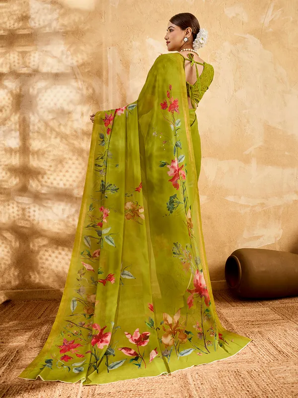Olive_Green_Georgette_Saree_With_Floral_Printed_Border_Default_Title