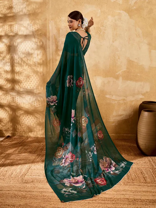 Deep_Teal_Georgette_Saree_With_Floral_Printed_Border_Default_Title