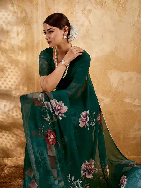 Deep_Teal_Georgette_Saree_With_Floral_Printed_Border_Default_Title