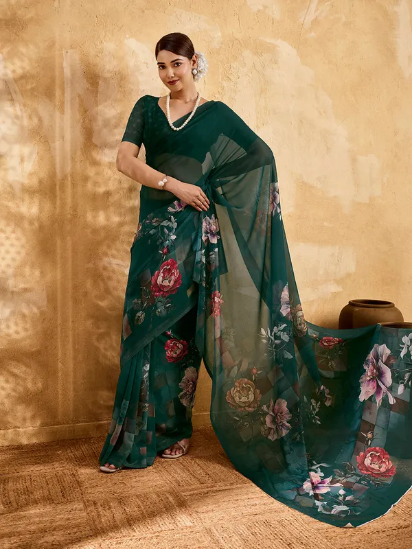 Deep_Teal_Georgette_Saree_With_Floral_Printed_Border_Default_Title