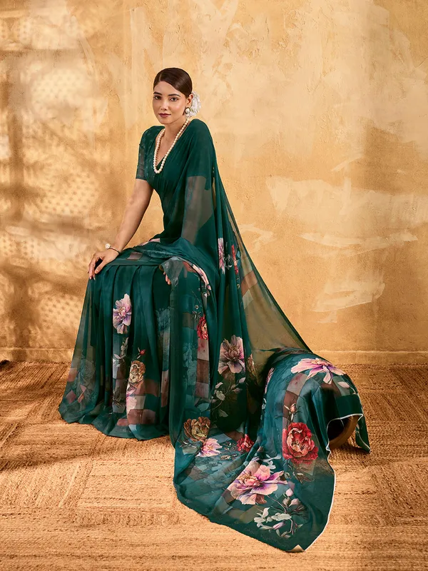 Deep_Teal_Georgette_Saree_With_Floral_Printed_Border_Default_Title