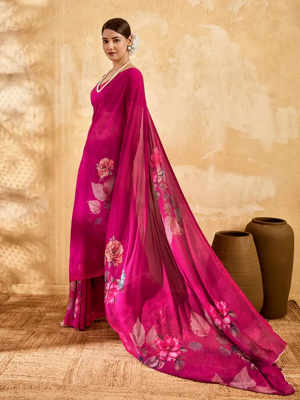 Rani_Pink_Georgette_Saree_With_Floral_Printed_Border_Default_Title