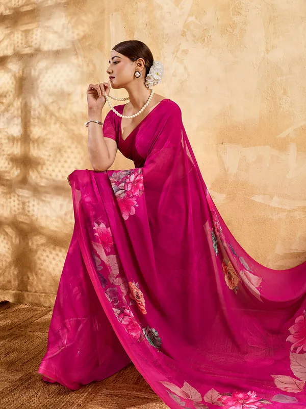 Rani_Pink_Georgette_Saree_With_Floral_Printed_Border_Default_Title