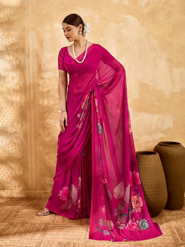Rani_Pink_Georgette_Saree_With_Floral_Printed_Border_Default_Title