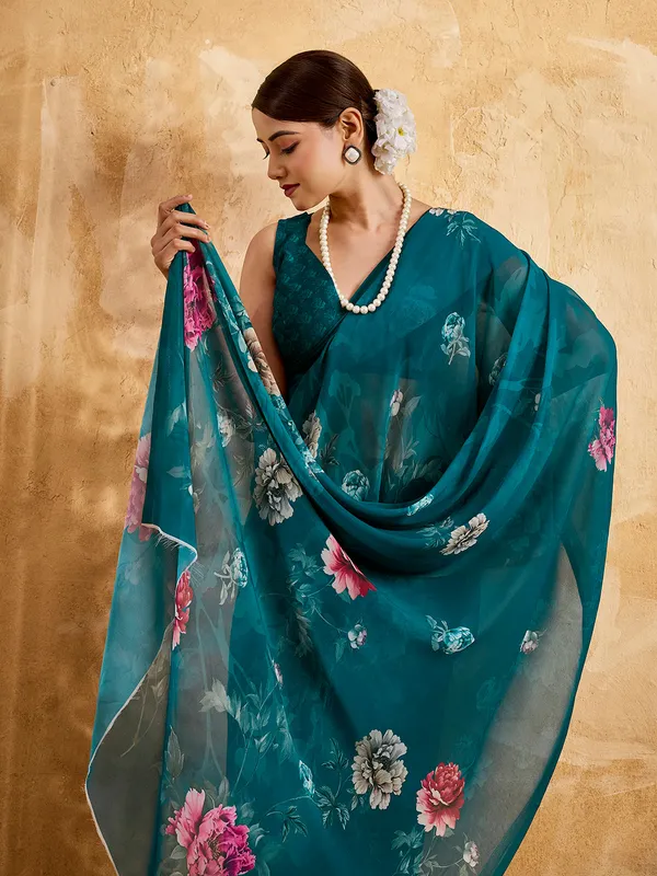 Peacock_Blue_Georgette_Saree_With_Floral_Printed_Border_Default_Title