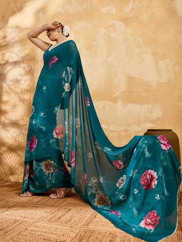 Peacock_Blue_Georgette_Saree_With_Floral_Printed_Border_Default_Title