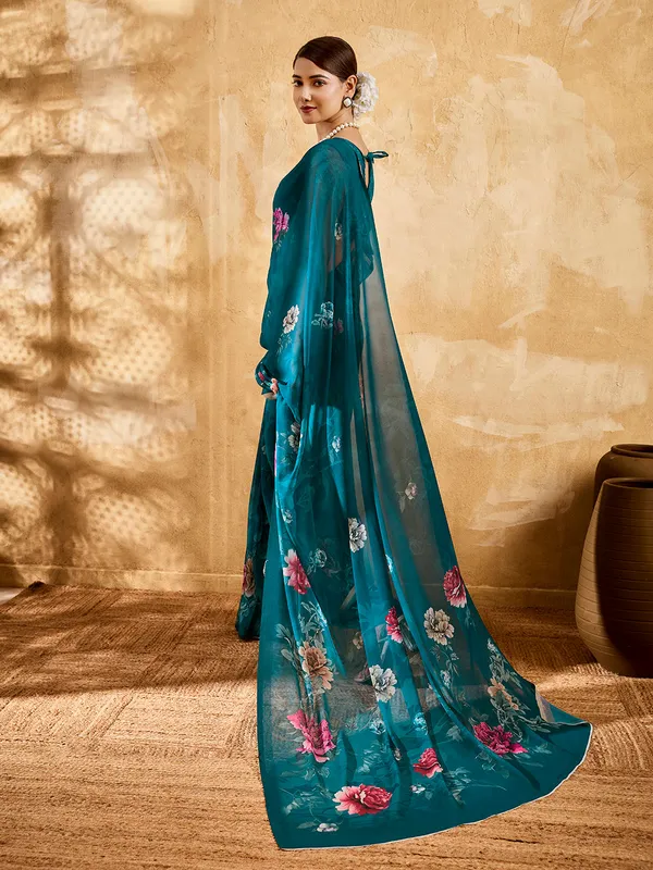 Peacock_Blue_Georgette_Saree_With_Floral_Printed_Border_Default_Title