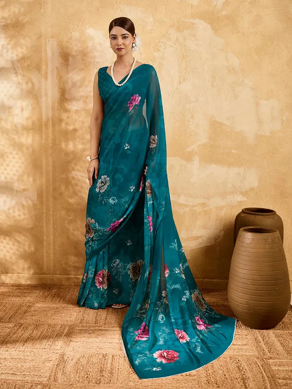 Peacock_Blue_Georgette_Saree_With_Floral_Printed_Border_Default_Title