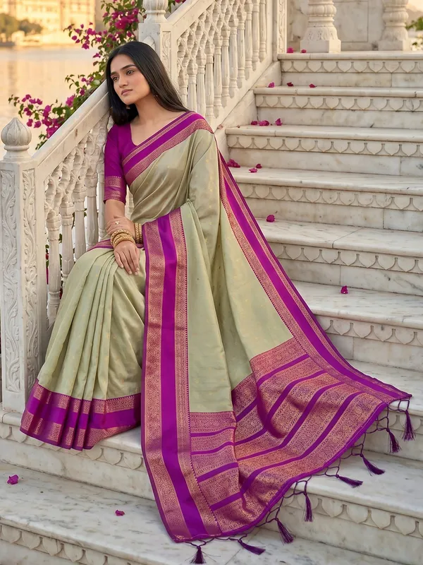 Sage_Green_Traditional_Silk_Blend_Saree_With_Magenta_Zari_Border_Default_Title