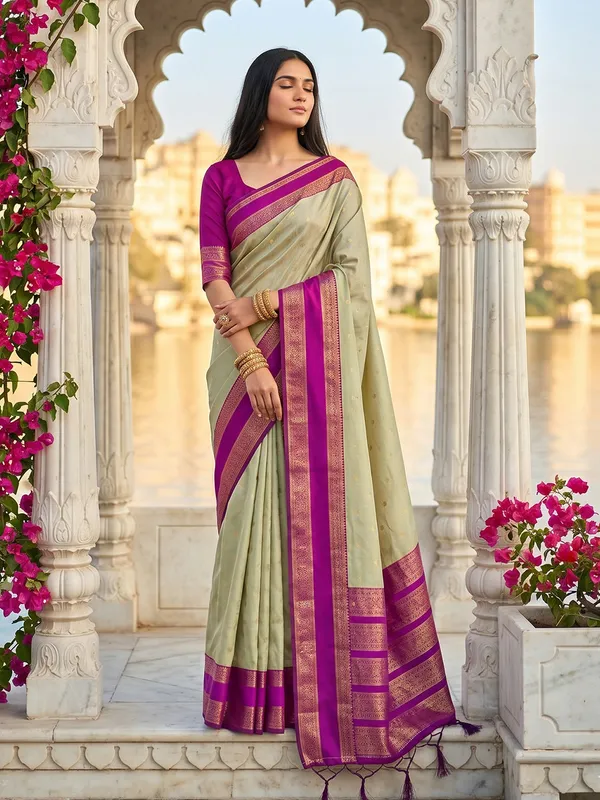 Sage_Green_Traditional_Silk_Blend_Saree_With_Magenta_Zari_Border_Default_Title