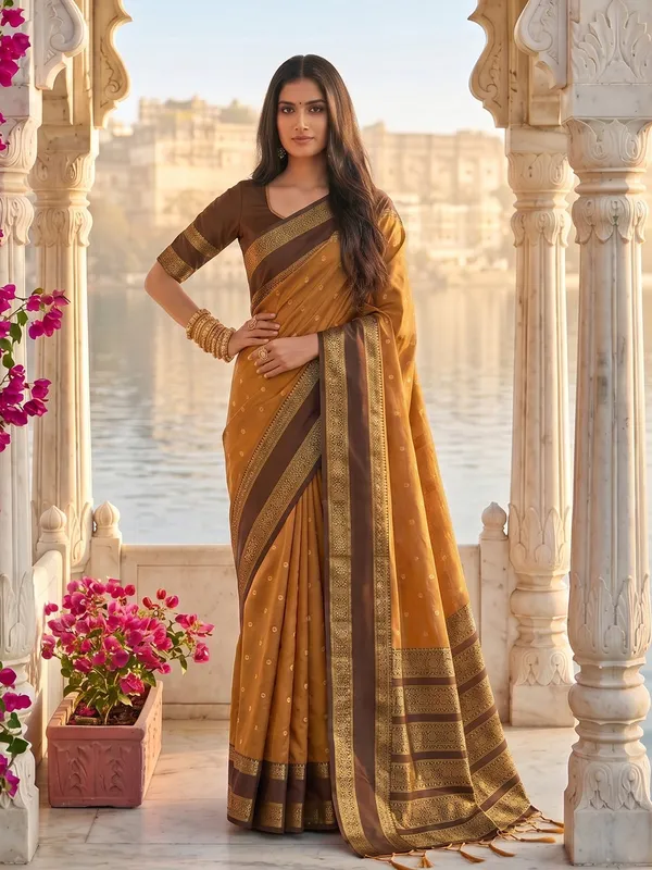 Mustard_Brown_Traditional_Silk_Blend_Saree_With_Gold_Zari_Border_Default_Title