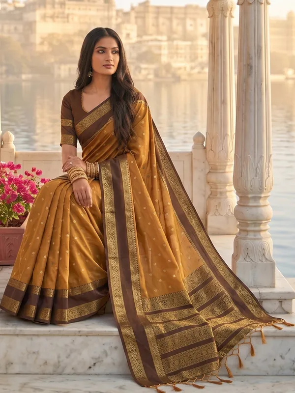 Mustard_Brown_Traditional_Silk_Blend_Saree_With_Gold_Zari_Border_Default_Title