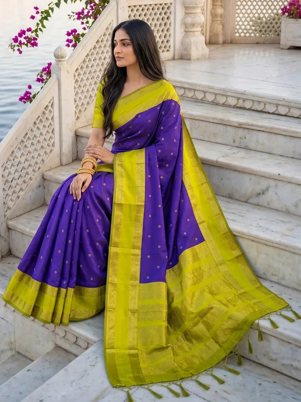 Royal_Purple_Traditional_Silk_Blend_Saree_With_Lime_Green_Zari_Border_Default_Title