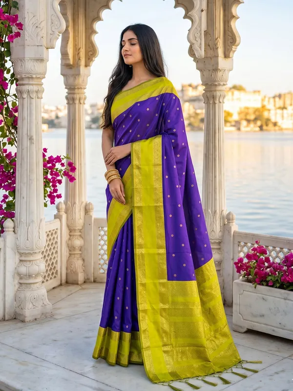 Royal_Purple_Traditional_Silk_Blend_Saree_With_Lime_Green_Zari_Border_Default_Title