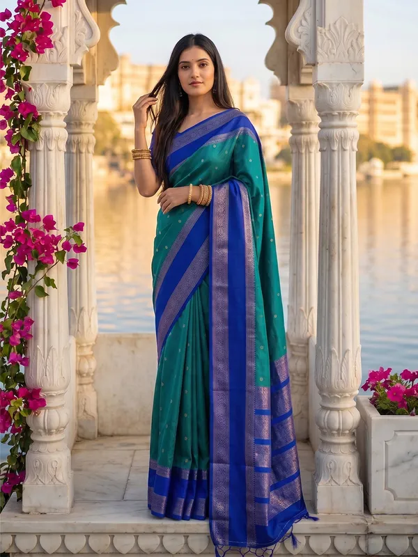 Teal_Blue_Traditional_Silk_Blend_Saree_With_Royal_Blue_Zari_Border_Default_Title