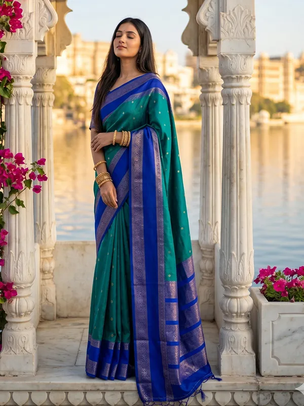 Teal_Blue_Traditional_Silk_Blend_Saree_With_Royal_Blue_Zari_Border_Default_Title