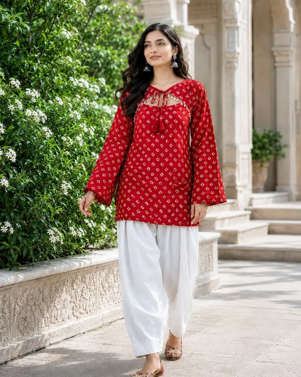 Ruby_Red_Pure_Cotton_Readymade_Kurti_With_White_Bottom_Set