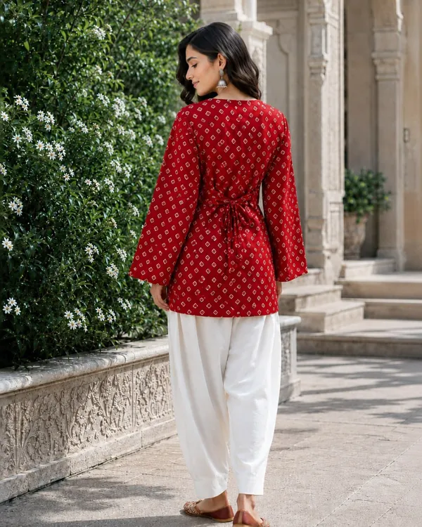 Ruby_Red_Pure_Cotton_Readymade_Kurti_With_White_Bottom_Set