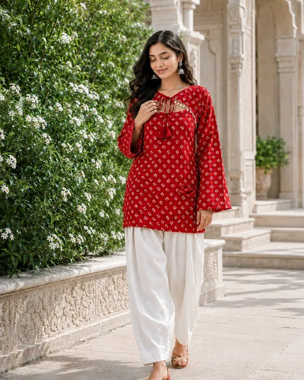 Ruby_Red_Pure_Cotton_Readymade_Kurti_With_White_Bottom_Set