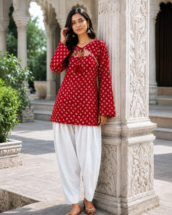 Ruby_Red_Pure_Cotton_Readymade_Kurti_With_White_Bottom_Set