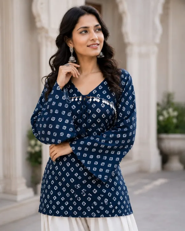 Navy_Blue_Pure_Cotton_Readymade_Kurti_With_White_Bottom_Set