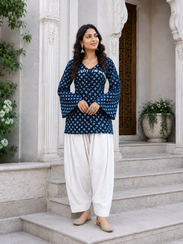 Navy_Blue_Pure_Cotton_Readymade_Kurti_With_White_Bottom_Set
