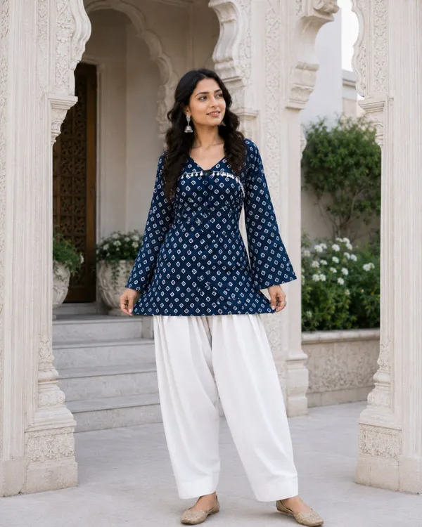 Navy_Blue_Pure_Cotton_Readymade_Kurti_With_White_Bottom_Set
