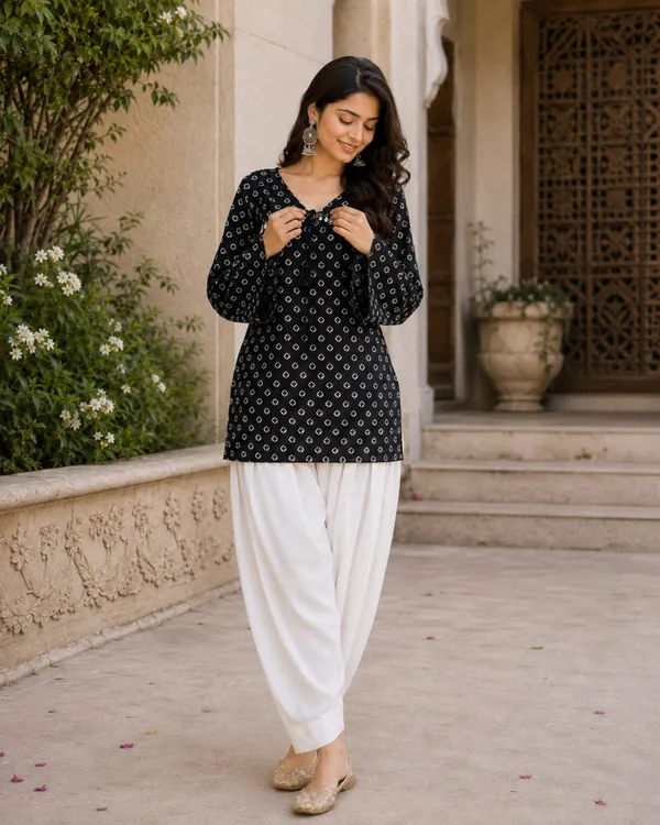 Black_Pure_Cotton_Readymade_Kurti_With_White_Bottom_Set