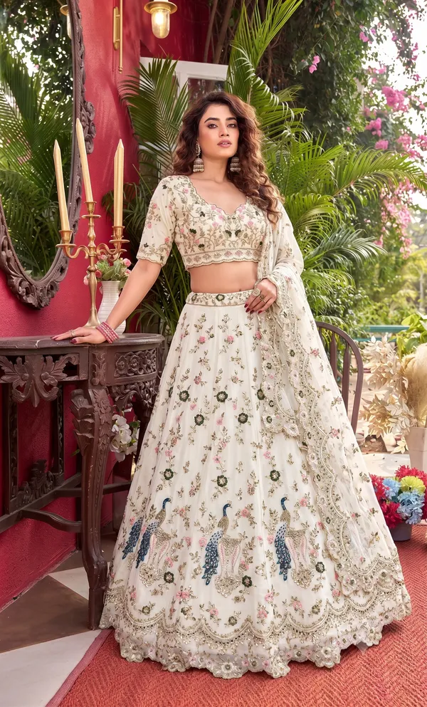 Ivory_Floral_Embroidered_Peacock_Work_Faux_Georgette_Lehenga_Choli_Set_Default_Title