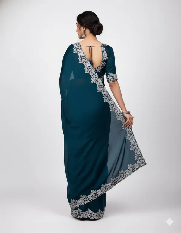 Ethnivo_Teal_Blue_Floral_Border_Fandy_Chiffon_Silk_Saree_Default_Title