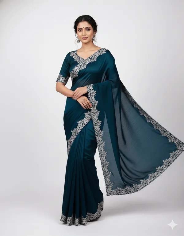 Ethnivo_Teal_Blue_Floral_Border_Fandy_Chiffon_Silk_Saree_Default_Title