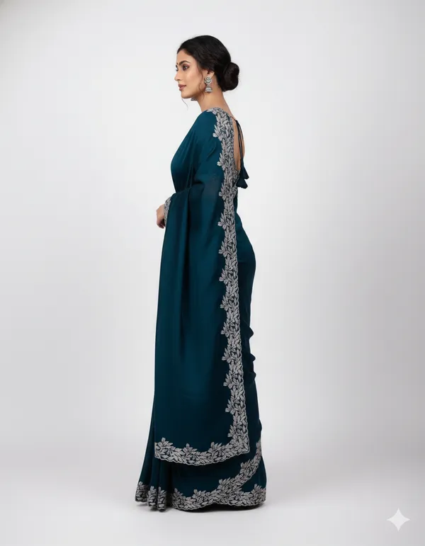 Ethnivo_Teal_Blue_Floral_Border_Fandy_Chiffon_Silk_Saree_Default_Title