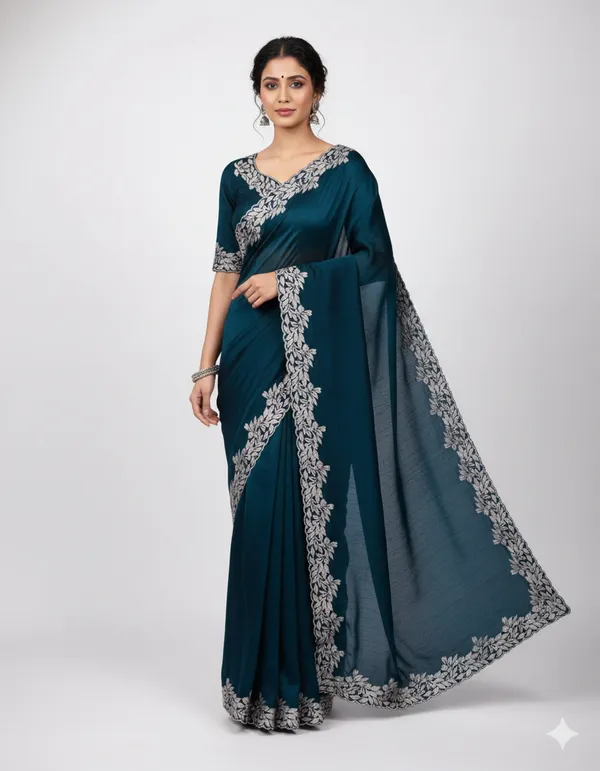 Ethnivo_Teal_Blue_Floral_Border_Fandy_Chiffon_Silk_Saree_Default_Title