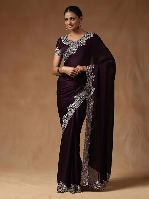 Ethnivo_Wine_Purple_Floral_Border_Fandy_Chiffon_Silk_Saree_Default_Title
