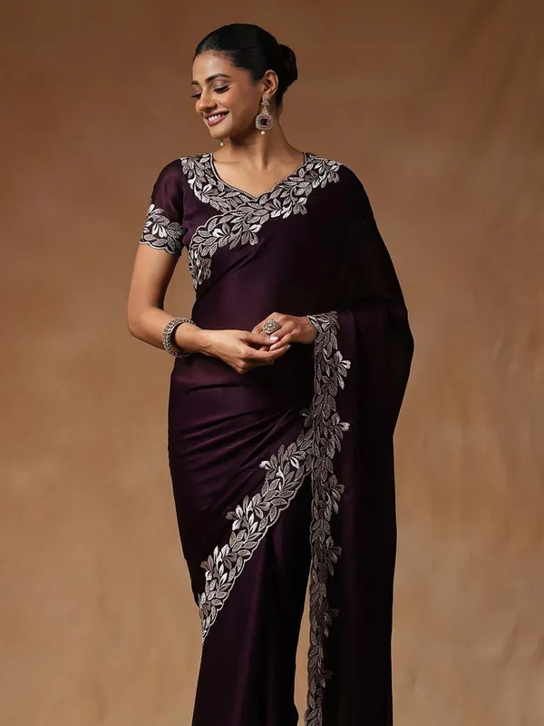 Ethnivo_Wine_Purple_Floral_Border_Fandy_Chiffon_Silk_Saree_Default_Title