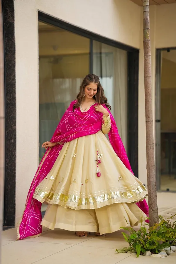 Cream_Soft_Chinon_Readymade_Anarkali_Suit_With_Rani_Pink_Bandhani_Dupatta