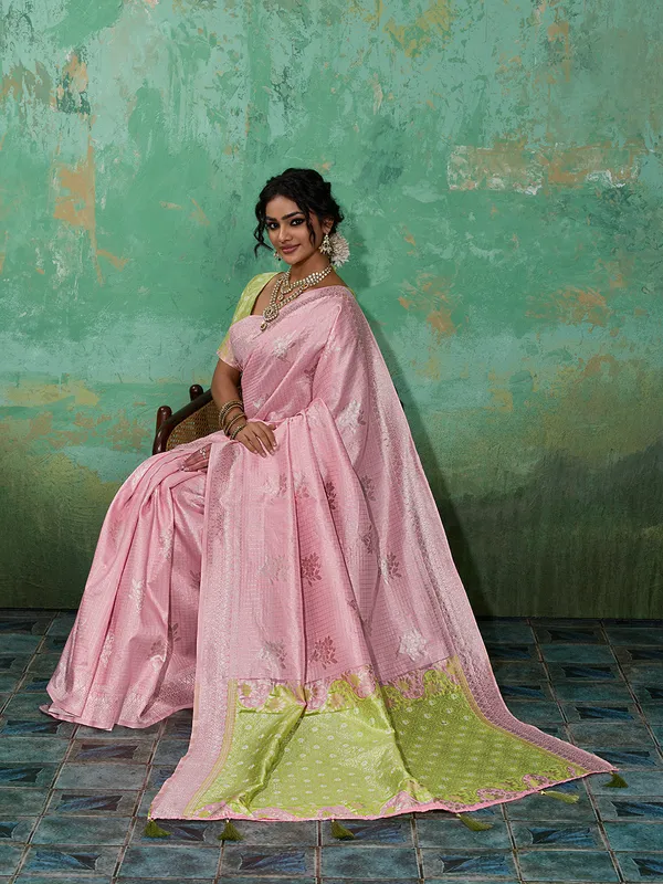 Baby_Pink_Pistachio_Green_Zari_Border_Linen_Cotton_Saree_Default_Title