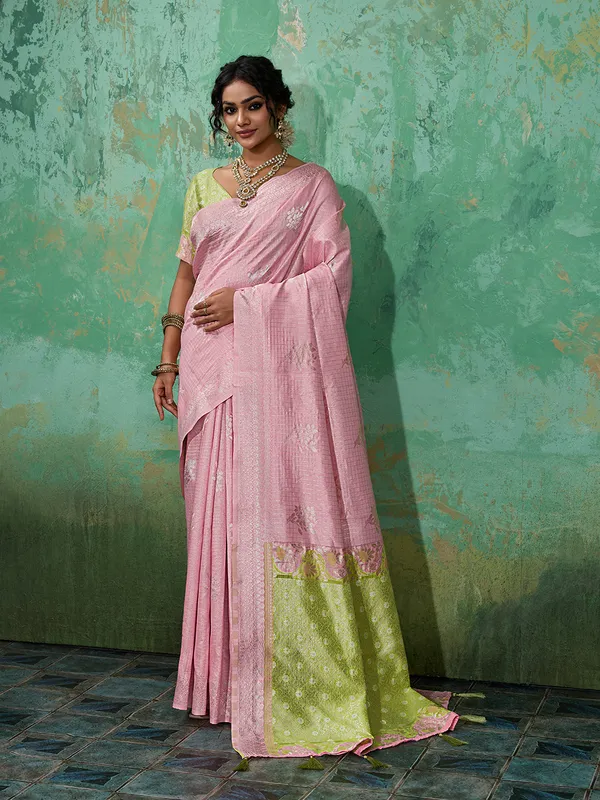 Baby_Pink_Pistachio_Green_Zari_Border_Linen_Cotton_Saree_Default_Title
