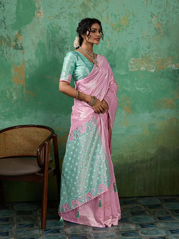 Baby_Pink_Mint_Green_Zari_Border_Linen_Cotton_Saree_Default_Title
